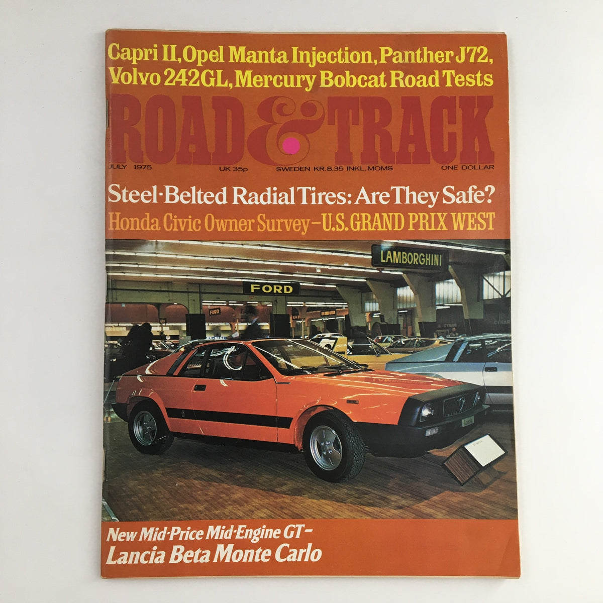 Road & Track Magazine July 1975 cover featuring the GT Lancia Beta Monte Carlo, showcasing vintage automotive content with headlines about car tests and features.