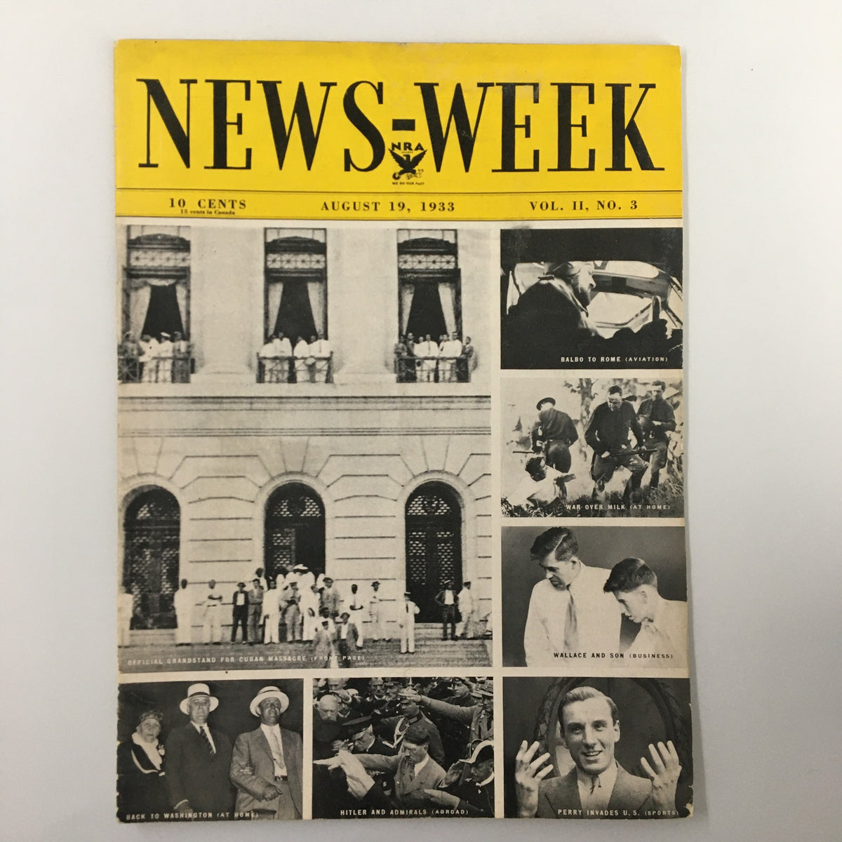 Cover of VTG NewsWeek Magazine from August 19, 1933, titled 'Official Grandstand for Cuban Massacre,' showcasing historical images related to key events of the time.