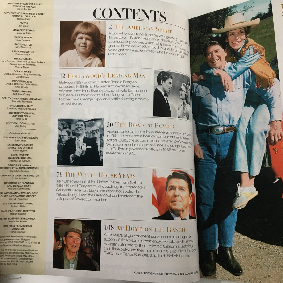 Table of contents from the Ronald Reagan 1911 - 2004 His Legacy Plus Ron & Nancy Commemorative Edition magazine showcasing sections about Reagan's life, including Hollywood, his presidency, and personal moments.