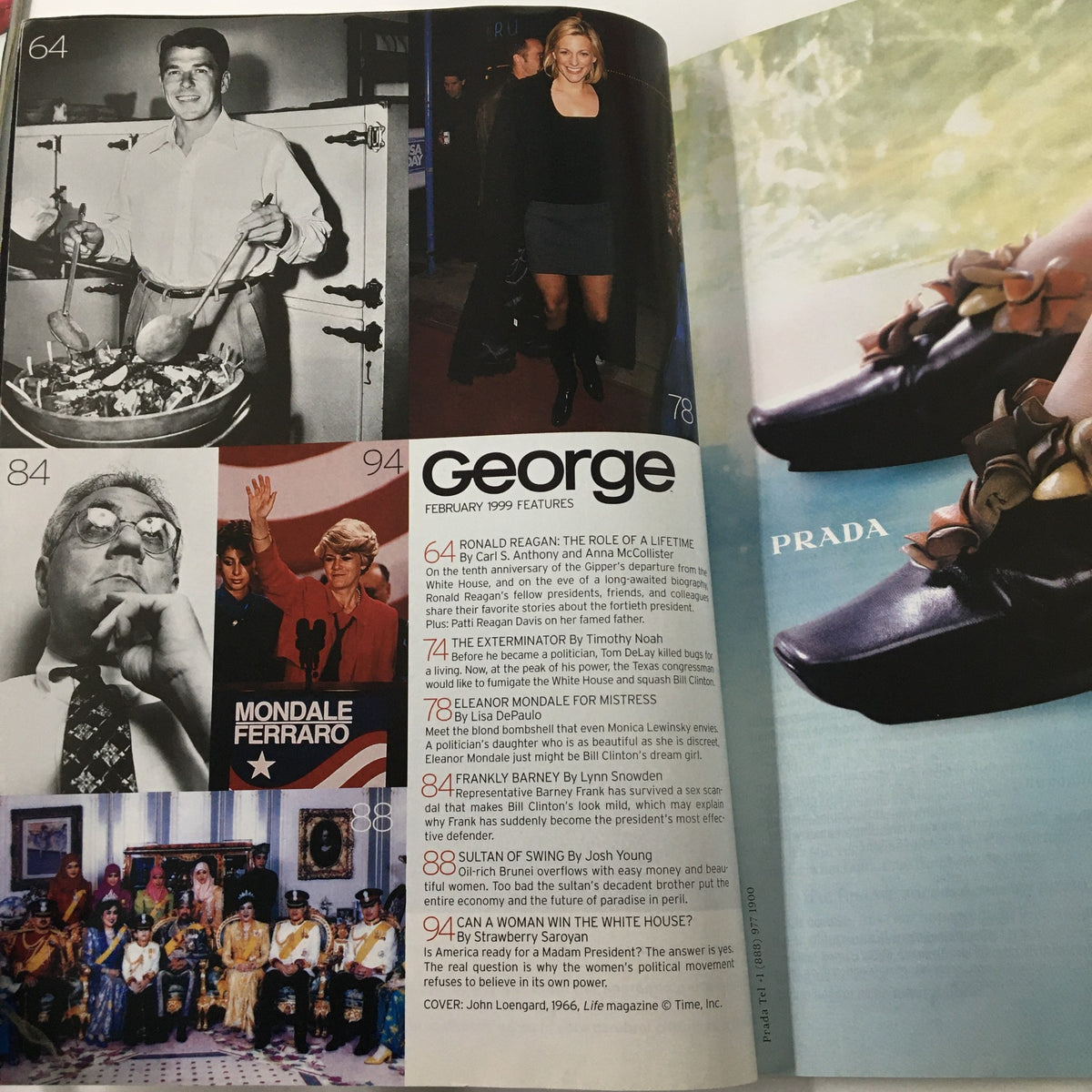 George Magazine February 1999 features an article on Ronald Reagan, showcasing various notable figures and topics from that issue. The layout includes mentions of Eleanor Mondale, Frank Barney, and the role of women in politics, making it a collectible for fans of American history and culture.