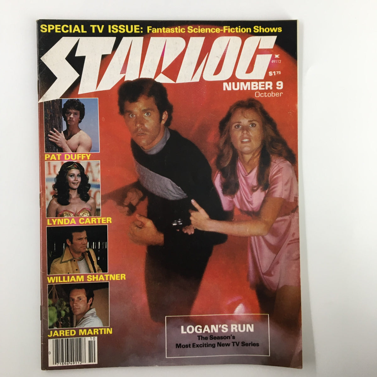 Cover of VTG Starlog Magazine October 1977 #9 featuring actors Pat Duffy, Lynda Carter, William Shatner, and Jared Martin, highlighting 'Logan's Run' as the season's most exciting new TV series.