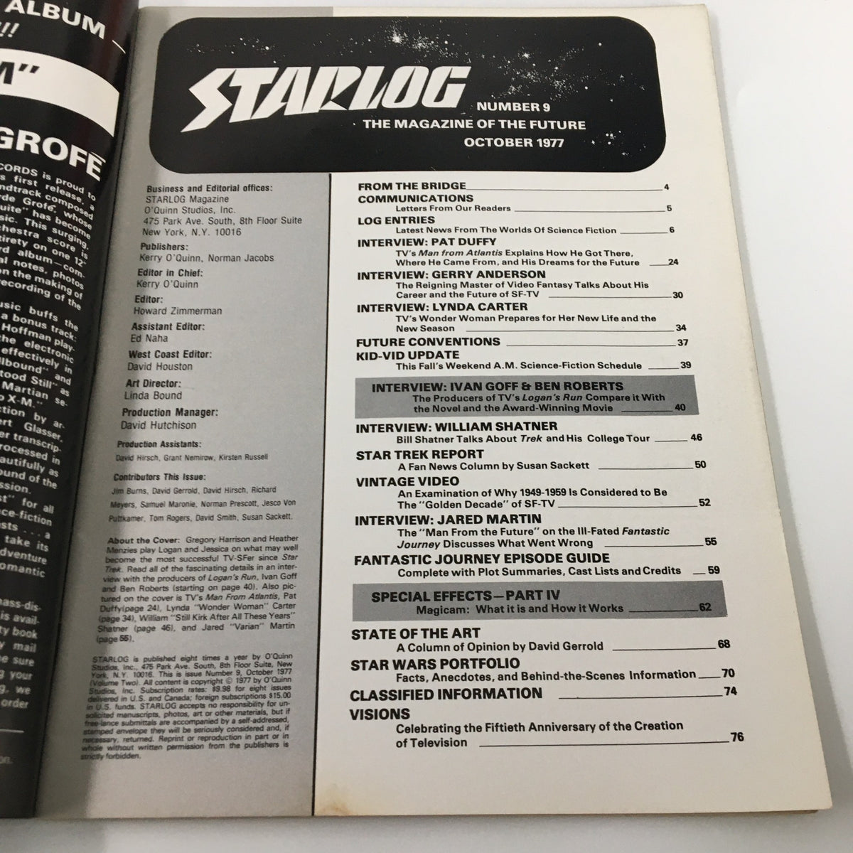Table of contents page of VTG Starlog Magazine October 1977 #9, showcasing various articles and interviews including Pat Duffy, Lynda Carter, and William Shatner.