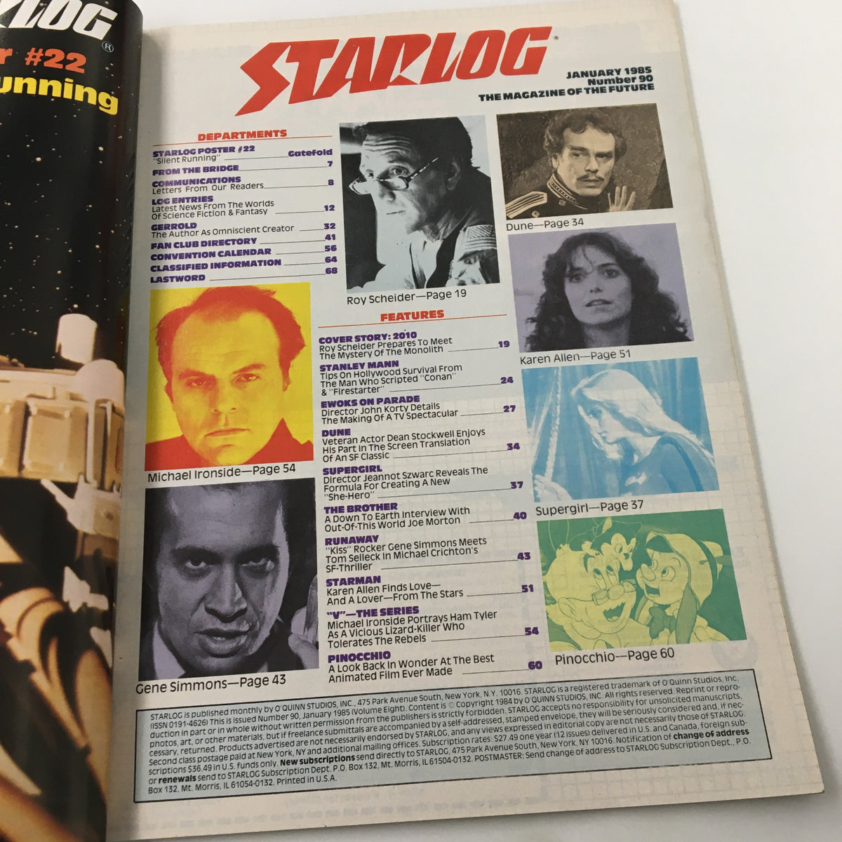 Interior page of Starlog Magazine January 1985 Issue #90 displaying the table of contents, highlighting features including Roy Scheider, Dune, and other popular sci-fi topics of the era.