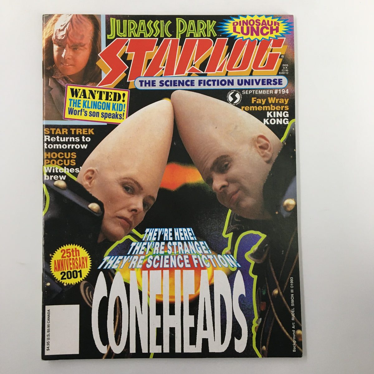 Cover of Starlog Magazine September 1993 #194 featuring the Coneheads, with highlights on Star Trek, Hocus Pocus, and Jurassic Park.