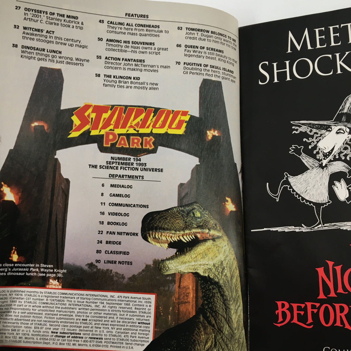 Interior page of Starlog Magazine September 1993 #194 showcasing the table of contents and features, including articles on Jurassic Park and interviews.