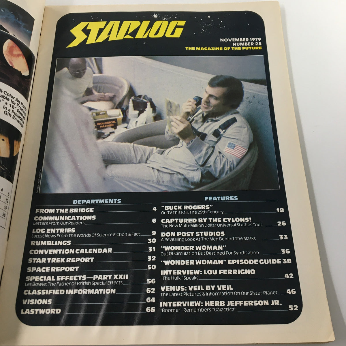 Contents page of VTG Starlog Magazine November 1979 #28 outlining features such as Buck Rogers, Wonder Woman, and interviews with notable cast members.