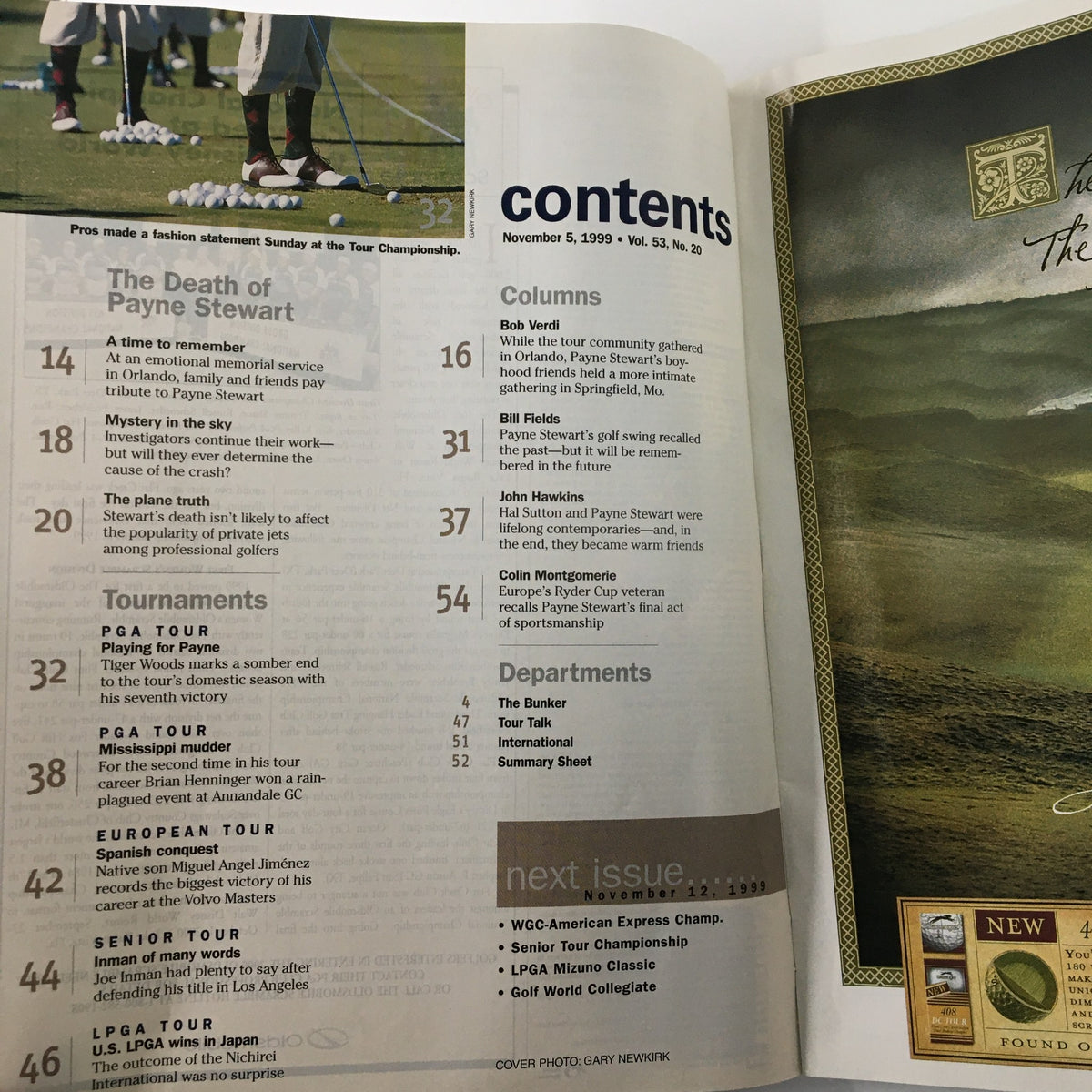 Contents page of Golf World Magazine, November 5, 1999, outlining articles including a tribute to Payne Stewart and featuring Tiger Woods, showcasing the magazine's relevance in golf history.