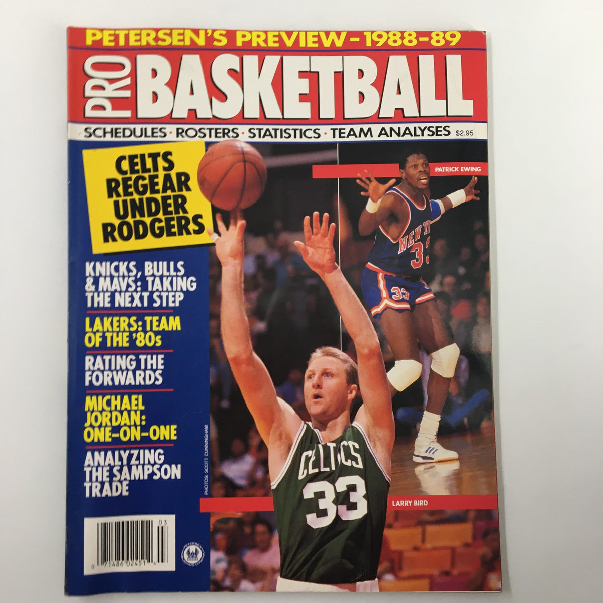 Cover of VTG Pro Basketball Magazine 1988-1989 featuring Patrick Ewing and Larry Bird, highlighting basketball schedules and statistics.