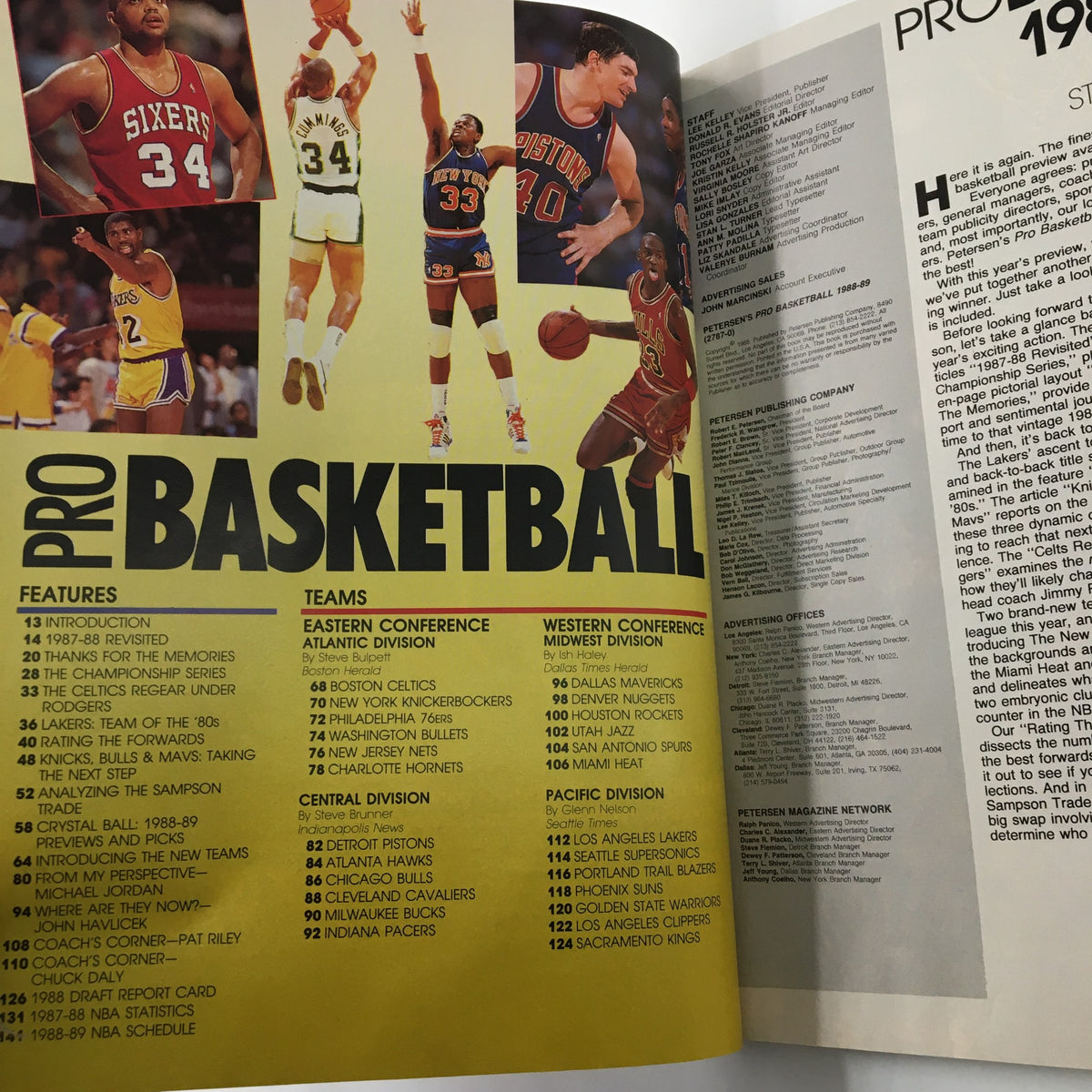 Inside spread of VTG Pro Basketball Magazine 1988-1989 displaying team details and features, showcasing the era's basketball culture.