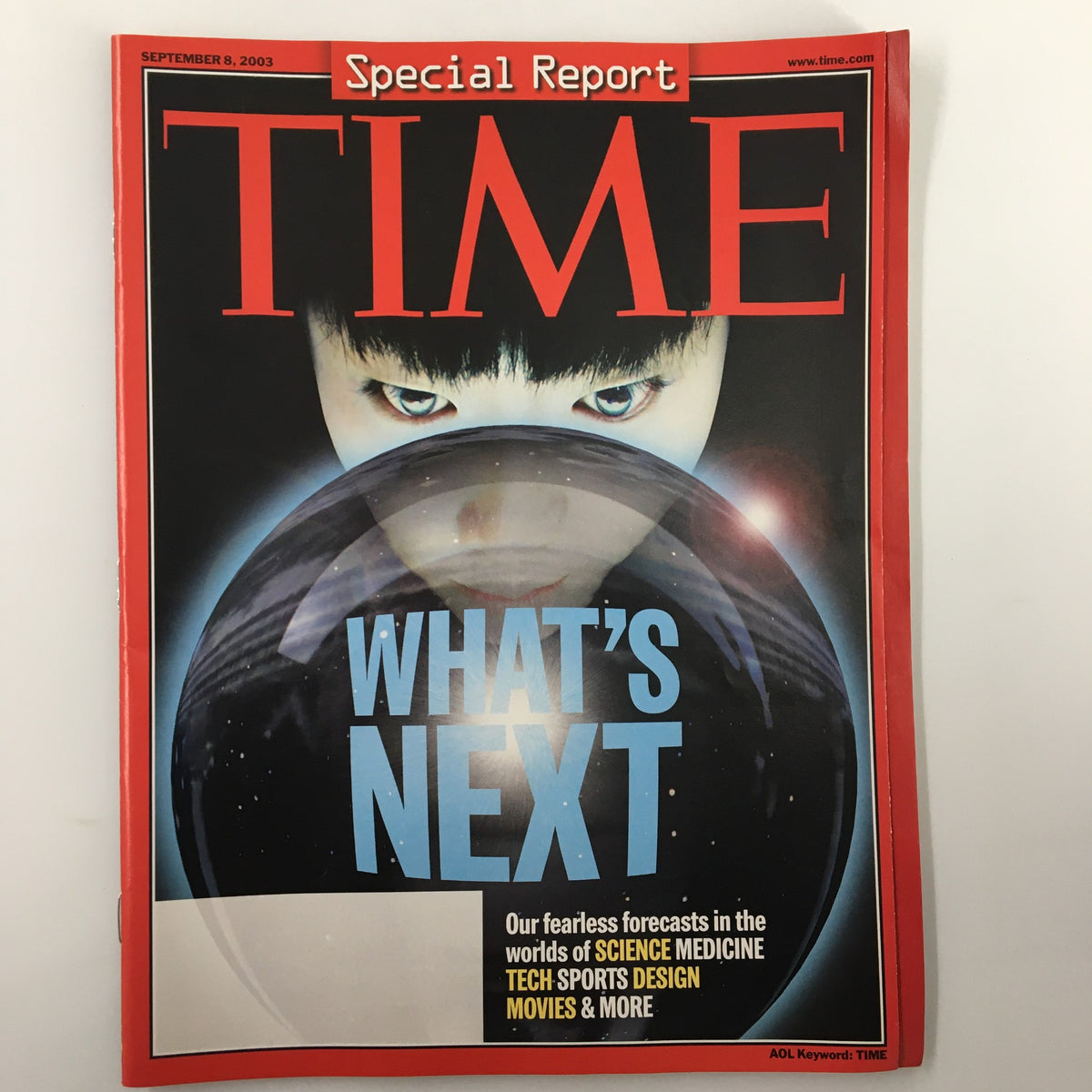 Cover of Time Magazine from September 8, 2003, titled 'What's Next,' featuring a striking image of a child gazing into a crystal ball, representing the forecast in science, medicine, technology, sports, and design.