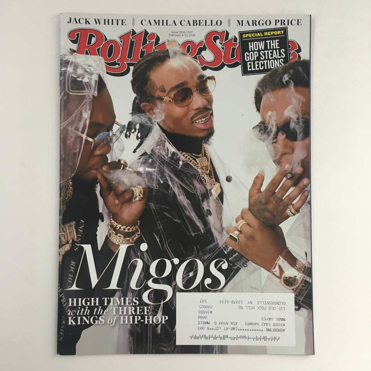 Rolling Stone Magazine February 8, 2018 cover featuring Migos, Jack White, and Camila Cabello, highlighting the artists in a dynamic photo with smoke effects, showcasing the essence of hip hop and pop culture.