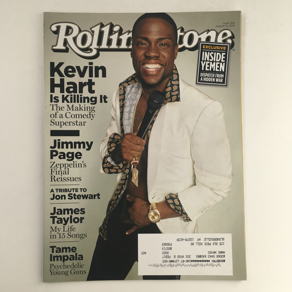 Cover of Rolling Stone Magazine August 13 2015 featuring Kevin Hart, Jimmy Page, and James Taylor, showcasing prominent cultural figures.