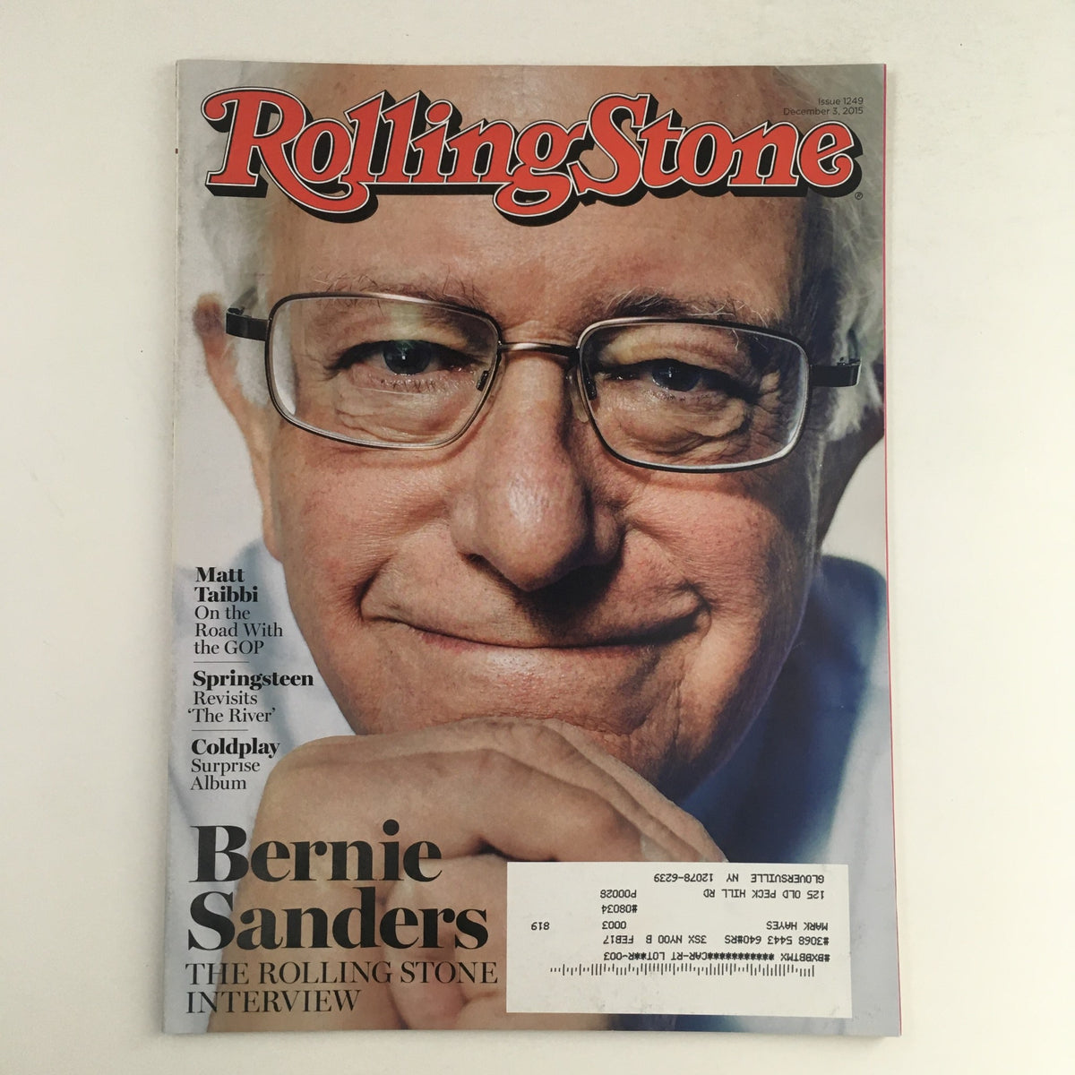 Cover of Rolling Stone Magazine December 3 2015 featuring Bernie Sanders with the headline 'The Rolling Stone Interview,' Matt Taibbi's article, and a feature on Coldplay.