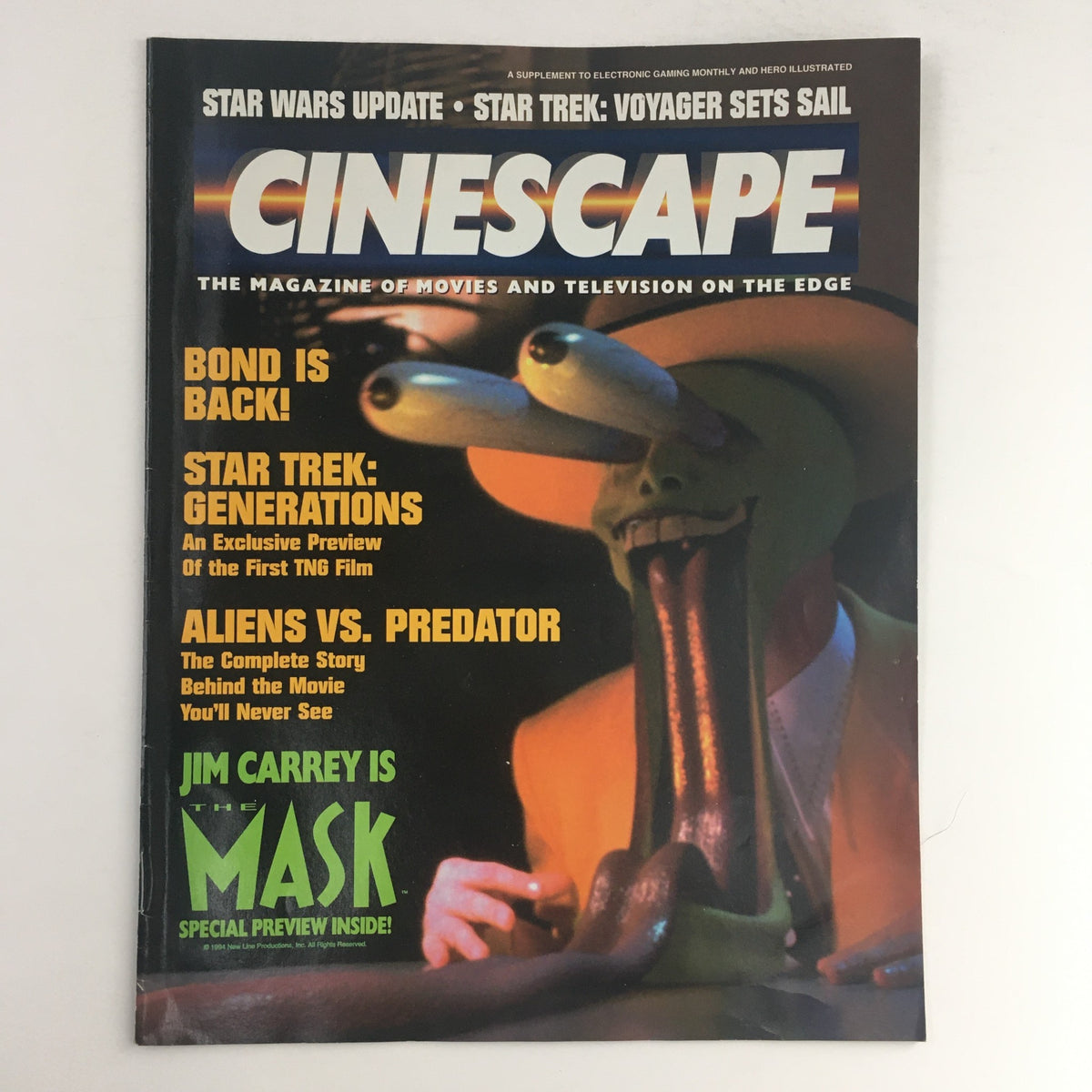 Cinescape Magazine August 1994 featuring Jim Carrey as The Mask, showcasing articles on Star Trek Generations and Aliens vs. Predator.
