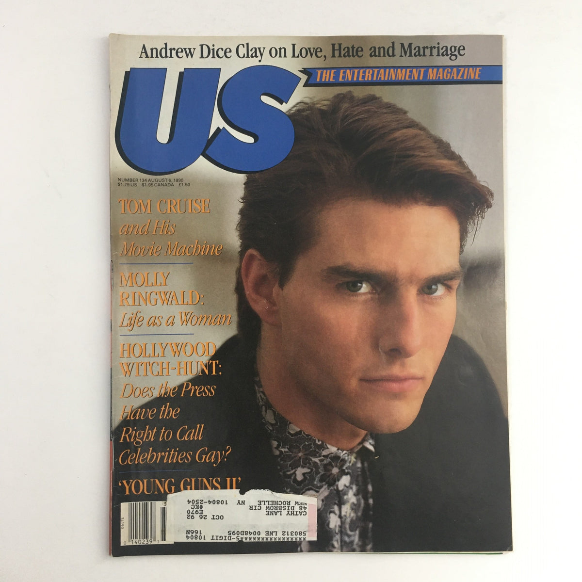 US Magazine #134 August 6 1990 featuring Tom Cruise, Molly Ringwald, and Andrew Dice Clay on the cover, showcasing a vintage design and celebrity culture from the late 1980s.