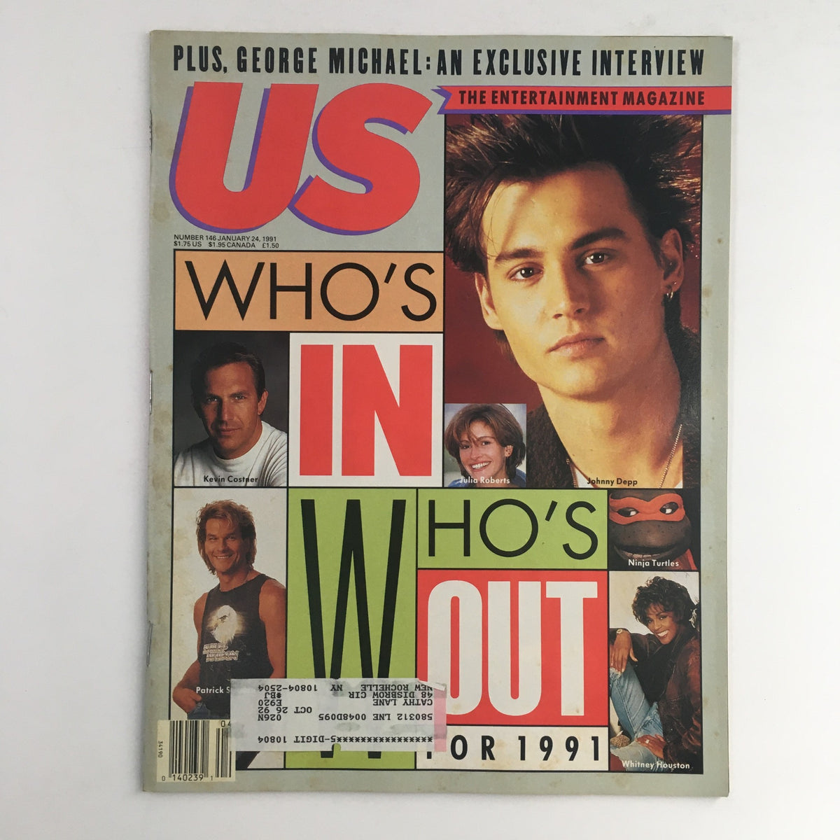 US Magazine #146 January 24 1991 cover featuring Kevin Costner, Johnny Depp, Julia Roberts, showcasing the title 'Who's In, Who's Out for 1991' and images of notable celebrities.