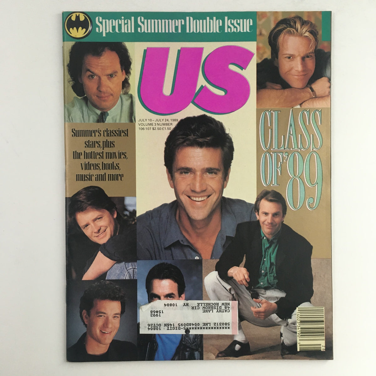 Cover of US Magazine Vol 3 #106 July 10 1989 featuring celebrities including Michael J. Fox, Michael Keaton, and Mel Gibson, showcasing the pop culture of the late 80s.