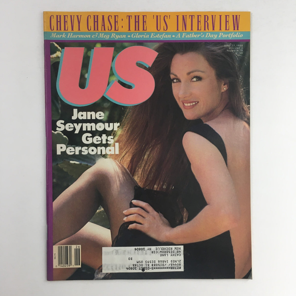 Cover of US Magazine Vol 3 #79 from June 27, 1988 featuring Jane Seymour, displaying striking beauty and charisma while promoting an interview. Background elements highlight Hollywood glamour.
