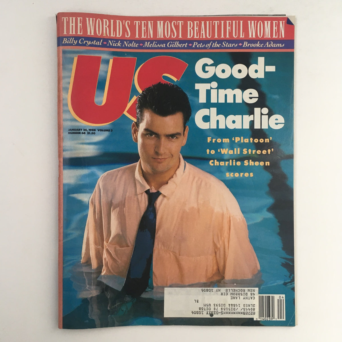 Cover of US Magazine Volume 3 Issue 68 from January 25, 1988, featuring Charlie Sheen with the tagline 'Good-Time Charlie' and highlighting stars like Billy Crystal and Nick Nolte.