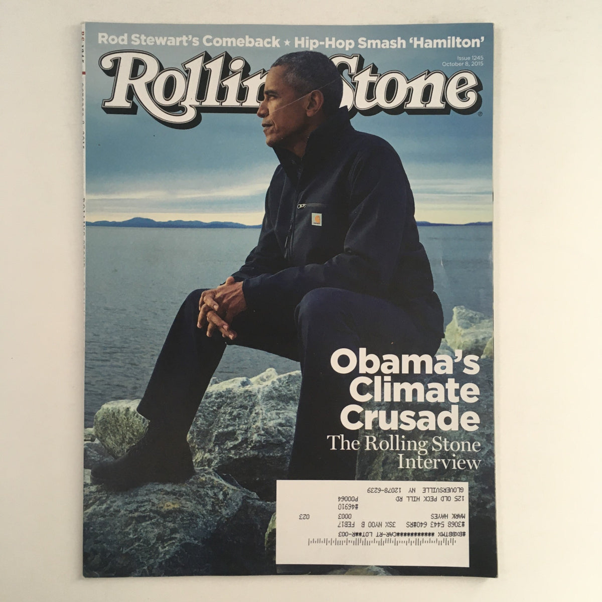 Cover of Rolling Stone Magazine dated October 8, 2015, featuring Barack Obama discussing his climate crusade, alongside a highlight on Rod Stewart's comeback.
