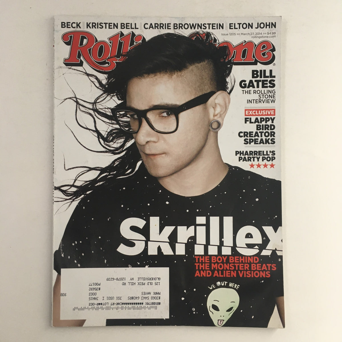Cover of Rolling Stone Magazine March 27, 2014, featuring Skrillex in a black t-shirt, showcasing Bill Gates, Kristen Bell, and Beck, highlighting the intersection of music and pop culture.