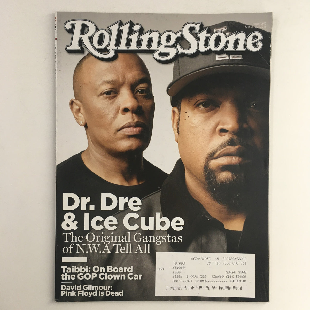 Rolling Stone Magazine cover from August 27, 2015, featuring Dr. Dre and Ice Cube, titled 'The Original Gangstas of N.W.A. Tell All'. This vintage magazine is a collector's item showcasing the iconic figures in hip-hop culture.