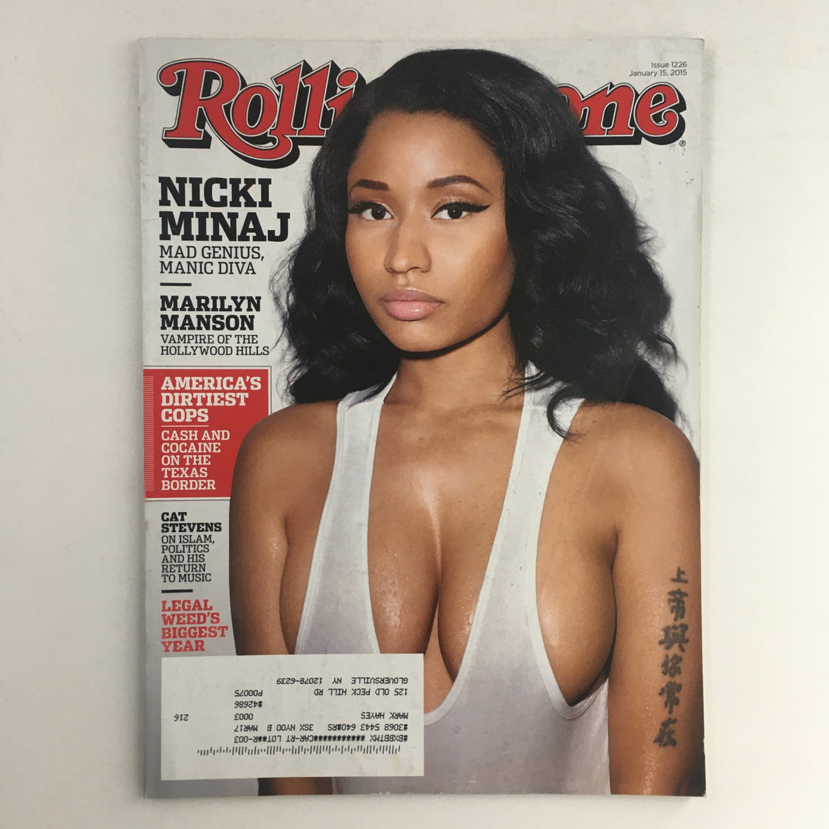 Rolling Stone Magazine cover from January 15, 2015 featuring Nicki Minaj, Marilyn Manson, and Cat Stevens. The cover highlights Nicki Minaj with a striking image, showcasing her influence in pop culture alongside other iconic artists.