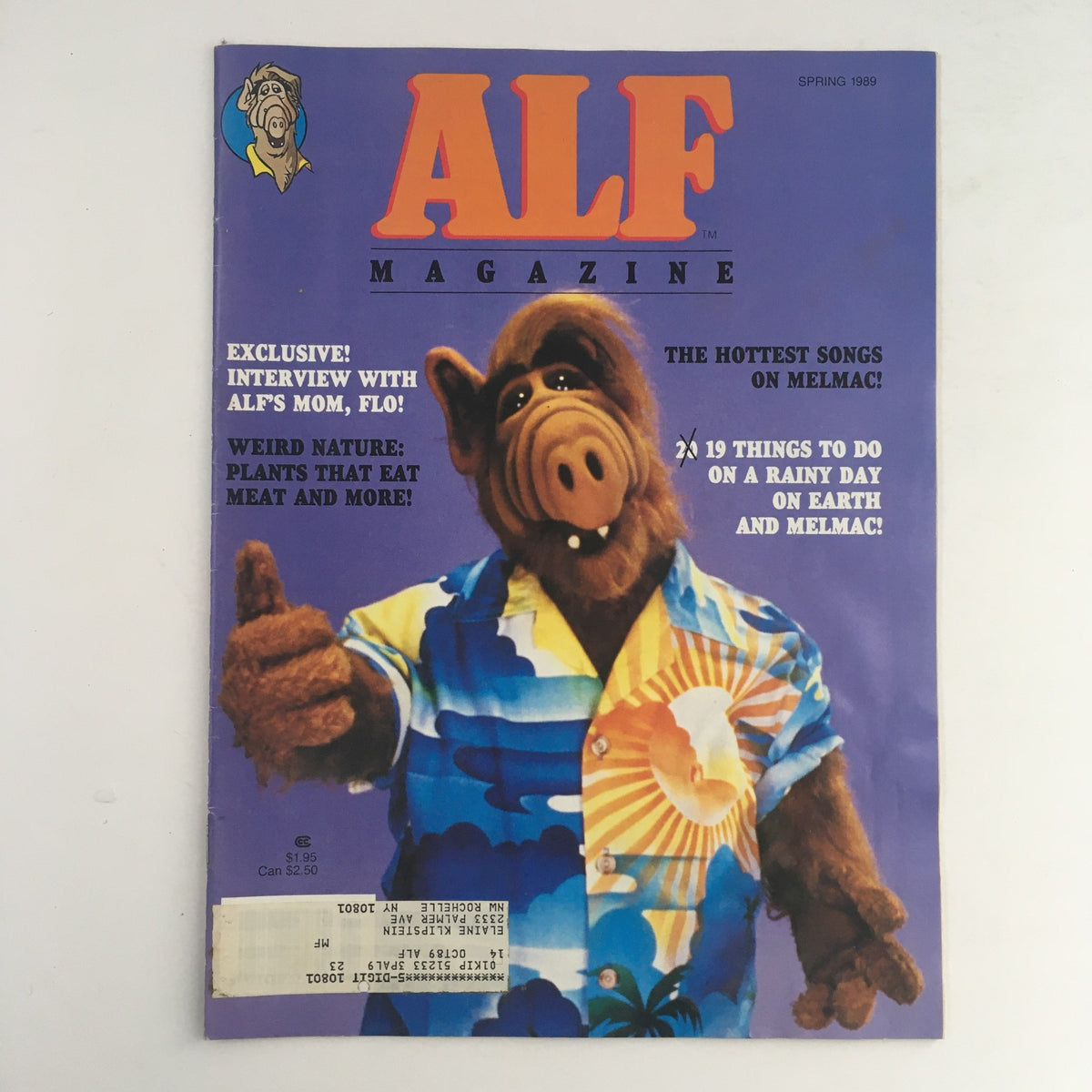 Cover of ALF Magazine Spring 1989 featuring an exclusive interview with ALF's mom, Flo, and a feature on weird nature with plants that eat meat. The magazine showcases ALF in a colorful Hawaiian shirt, representing the whimsical spirit of the late 80s pop culture.