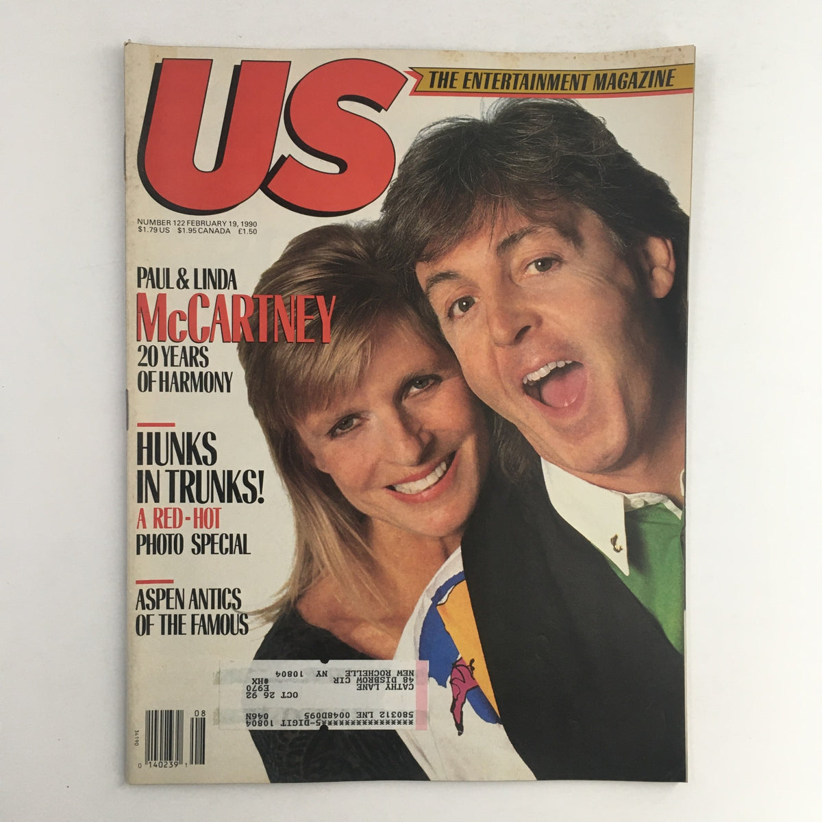 Cover of US Magazine #122 from February 19, 1990 featuring Paul and Linda McCartney, celebrating 20 years of harmony. The magazine showcases the iconic couple with vibrant layout and headlines.