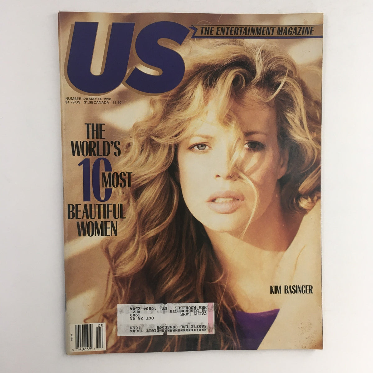 Cover of US Magazine #128 dated May 14, 1990, featuring Kim Basinger alongside the headline 'The World's 10 Most Beautiful Women'.