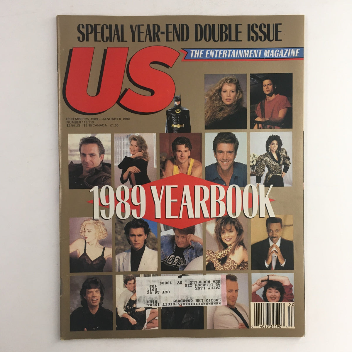 Cover of US Magazine #118 dated December 25, 1989, featuring a collage of iconic celebrities from that era, including Kevin Costner, Patrick Swayze, and Johnny Depp, titled '1989 Yearbook'.