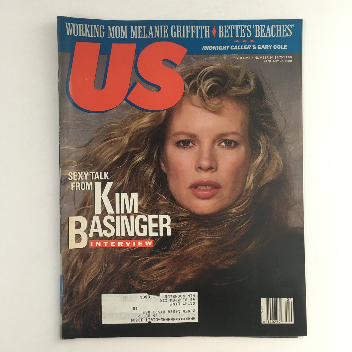 Cover of US Magazine Vol 3 #94, dated January 23, 1989, featuring Kim Basinger. The magazine highlights an interview with Basinger and the presence of Melanie Griffith and Bette Midler, reflective of late '80s pop culture.