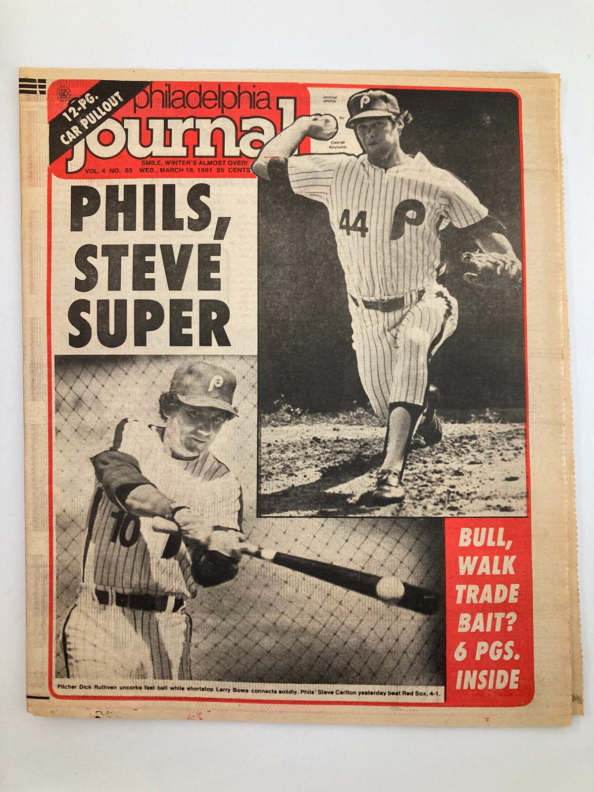 Philadelphia Journal Tabloid from March 18, 1981, featuring MLB Phillies and pitcher Steve Carlton. The cover showcases iconic moments from the era with bold headlines about the team and images of players in action.