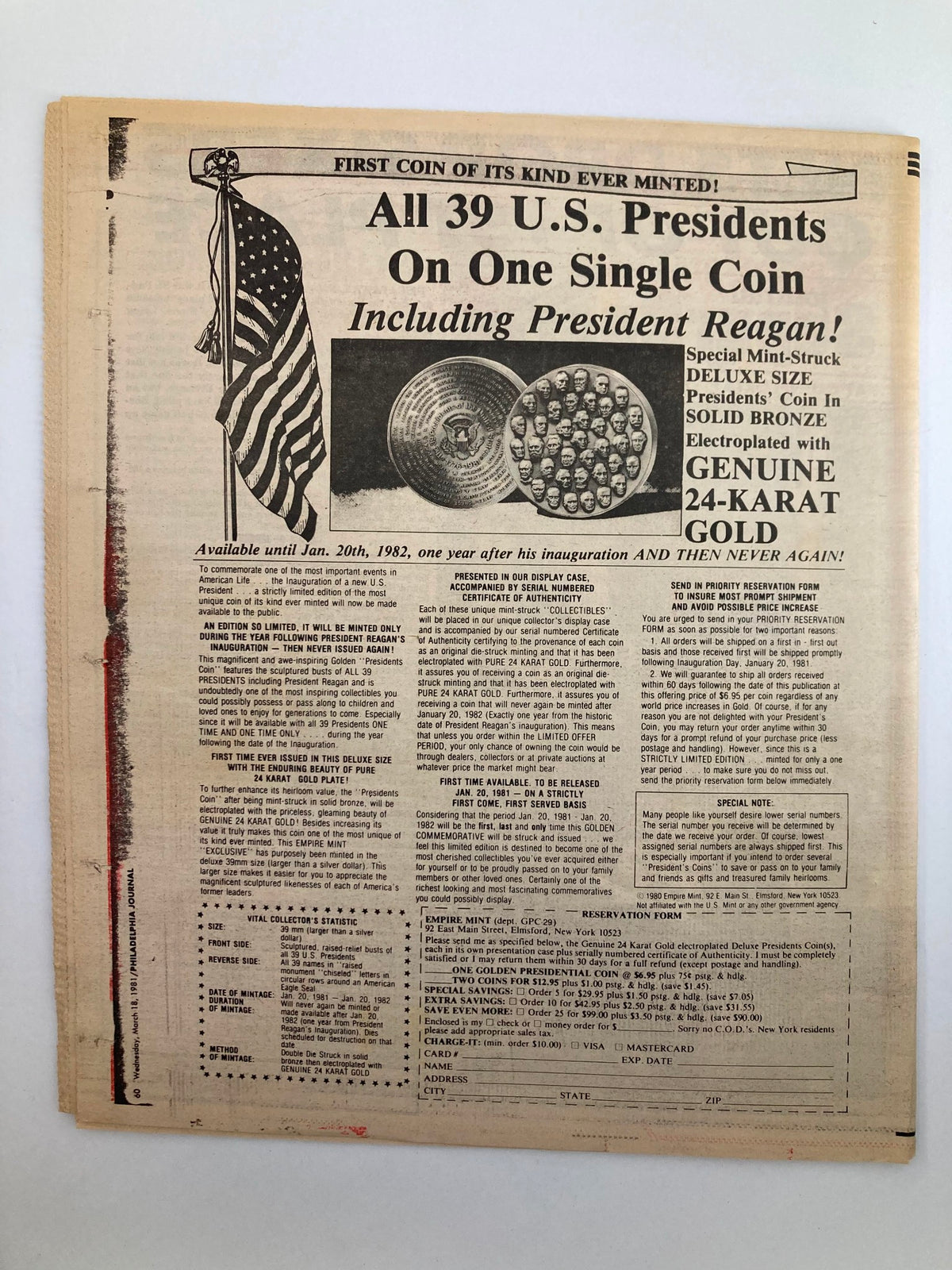 Philadelphia Journal Tabloid from March 18, 1981, featuring an advertisement for a commemorative U.S. Presidents coin including President Reagan, showcasing the American flag and detailed product information.