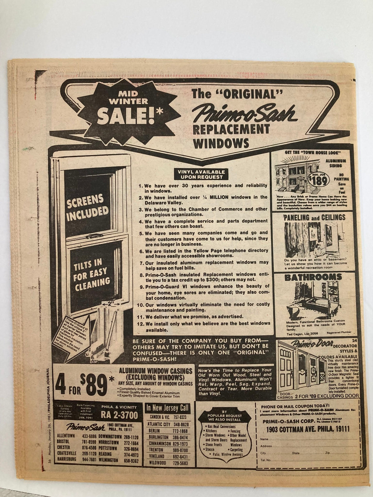 Back cover of the Philadelphia Journal Tabloid January 26 1981 featuring an advertisement for Primrose Sash replacement windows promoting their winter sale, emphasizing reliable installation and special offers.