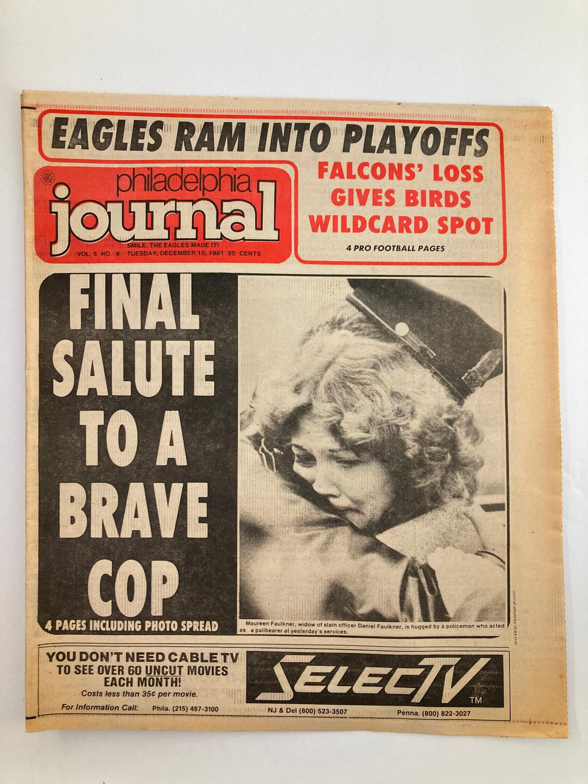 Philadelphia Journal Tabloid December 15 1981 Vol 5 #9 featuring a headline 'Final Salute to a Brave Cop' with an image of a woman in a police officer's cap.