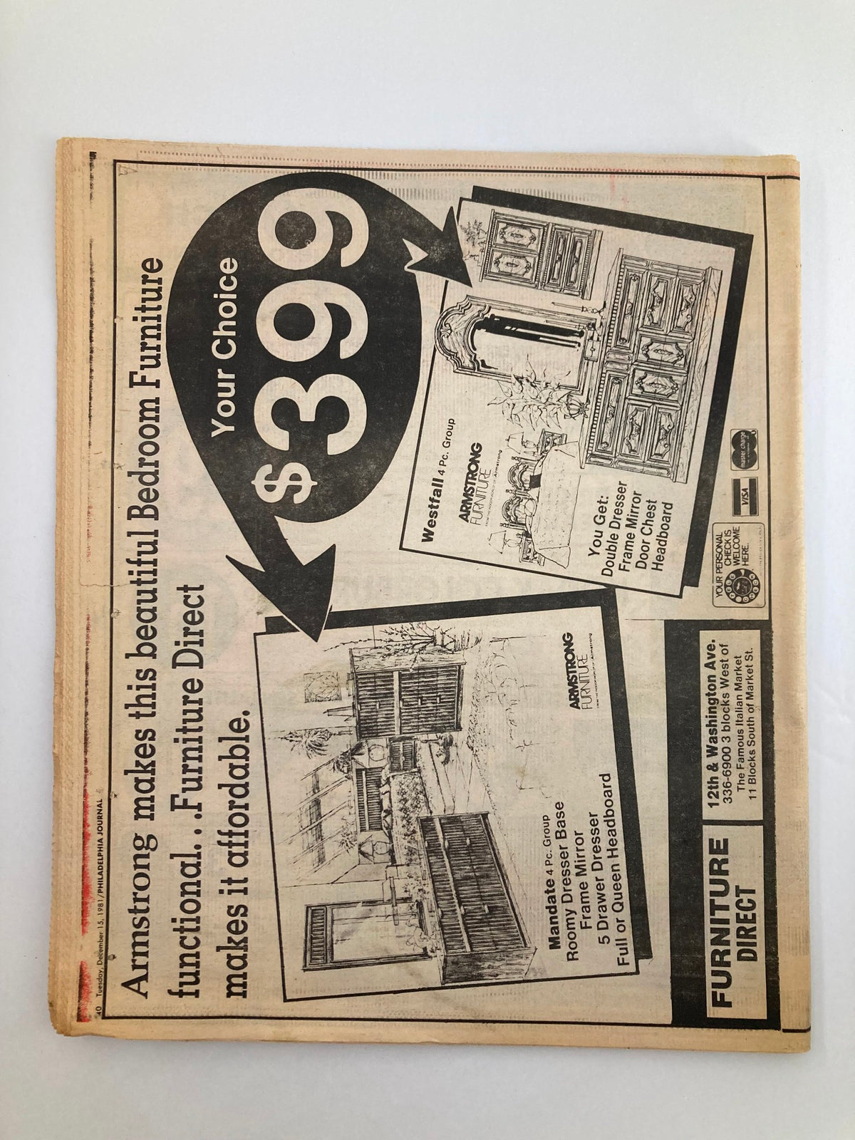 Back cover of Philadelphia Journal Tabloid December 15 1981 Vol 5 #9 showcasing an advertisement for Bedroom Furniture with a price of $399.