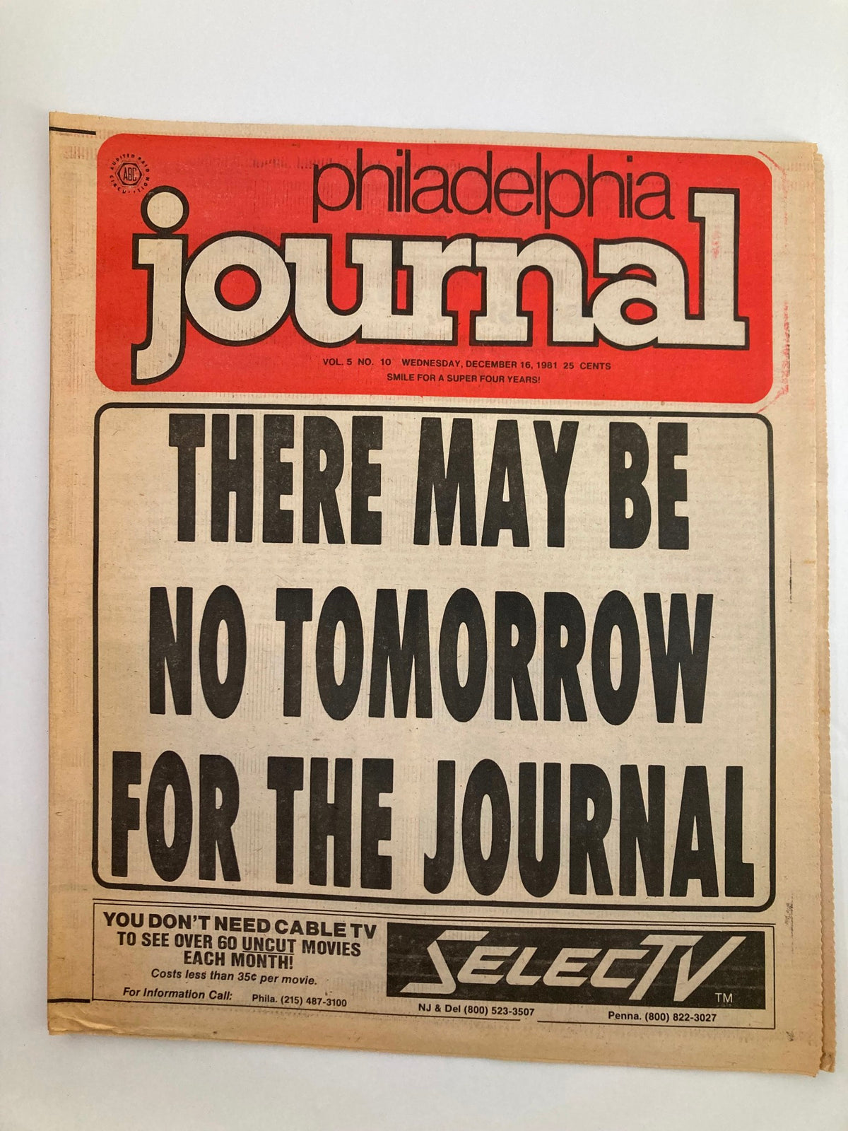 Cover of the Philadelphia Journal Tabloid from December 16, 1981, Vol 5 No 10, featuring the headline 'There May Be No Tomorrow For the Journal'.