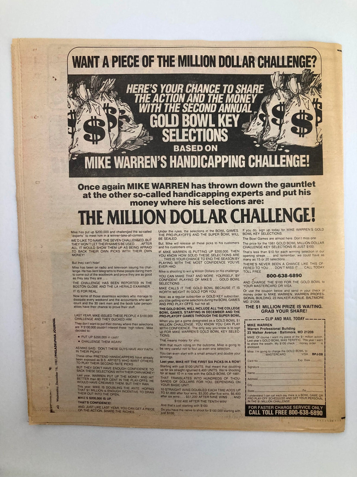 Inside page of the Philadelphia Journal Tabloid from December 16, 1981, highlighting an advertisement for the Million Dollar Challenge and Mike Warren's Handicapping Challenge.