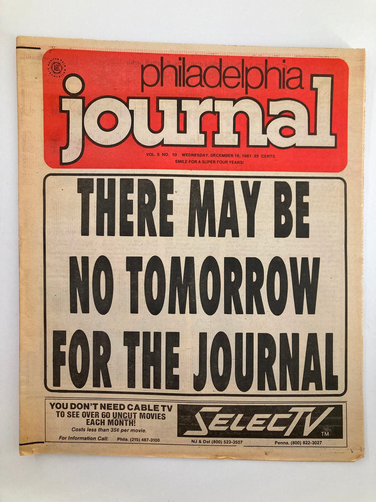 Philadelphia Journal Tabloid from December 16, 1981 with the headline 'There May Be No Tomorrow for the Journal', showcasing vintage newspaper style and design.