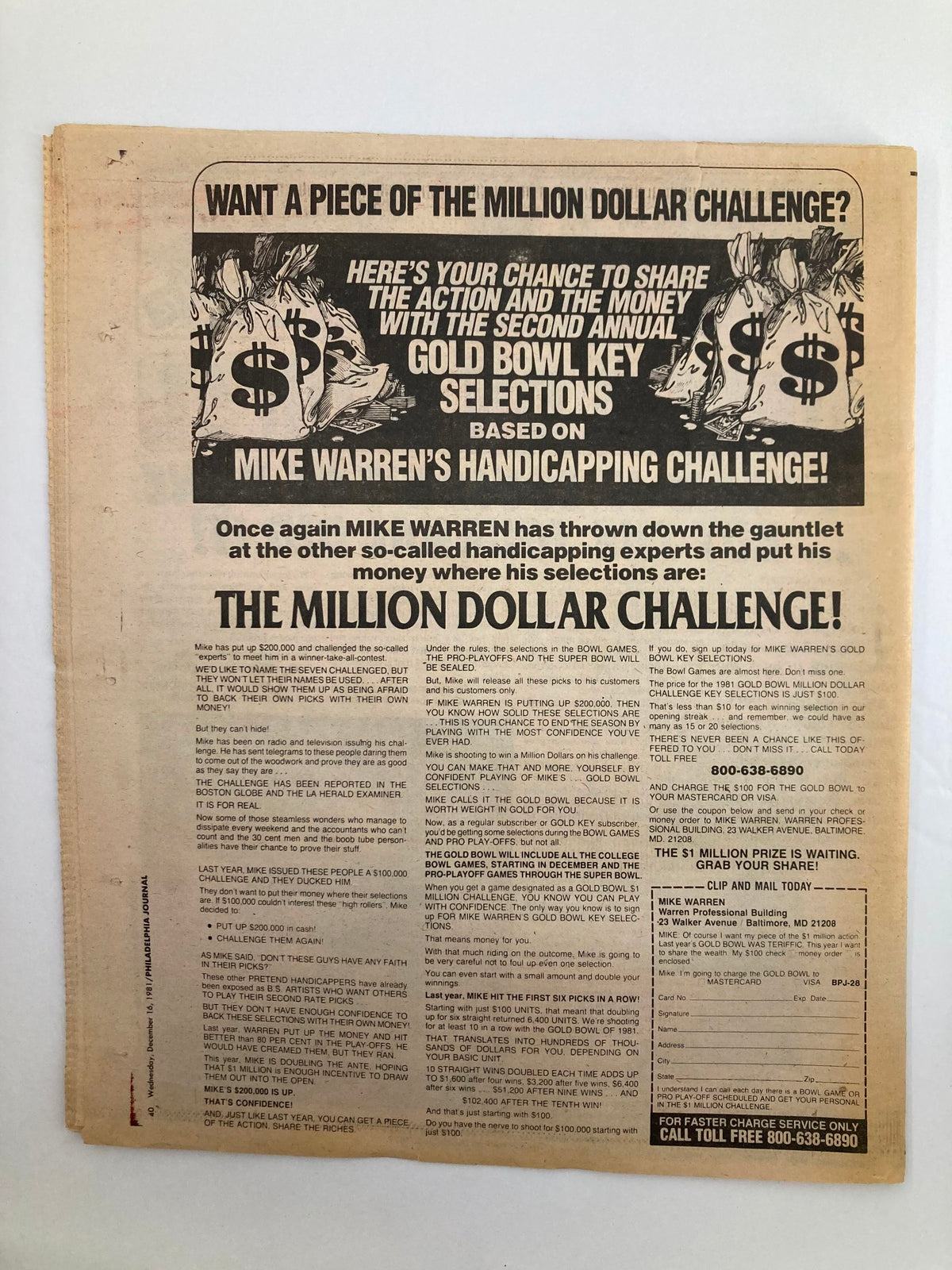 Back cover of the Philadelphia Journal Tabloid from December 16, 1981, featuring an advertisement for a contest called 'The Million Dollar Challenge' with details on participation.