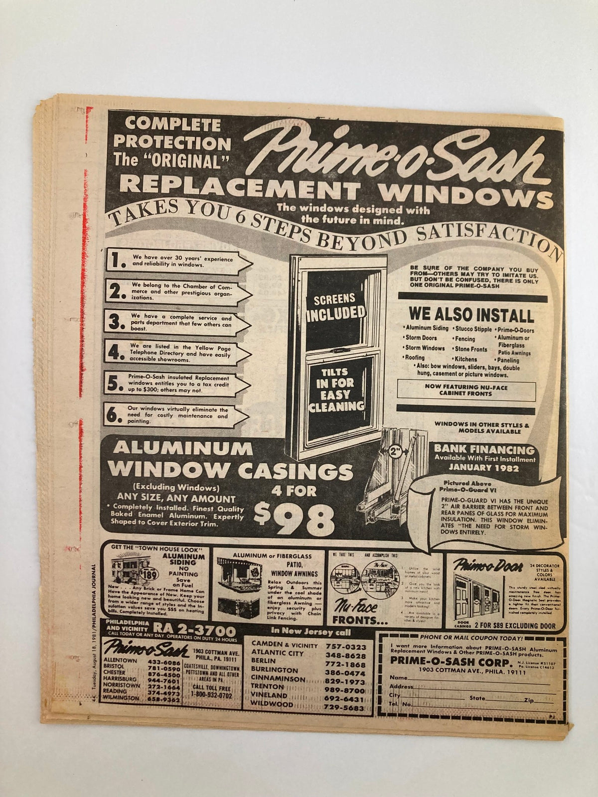 Philadelphia Journal Tabloid August 18 1981 Vol 4 #214 showcasing an advertisement for Prime-o-Sash Corp with details about replacement windows and special offers.