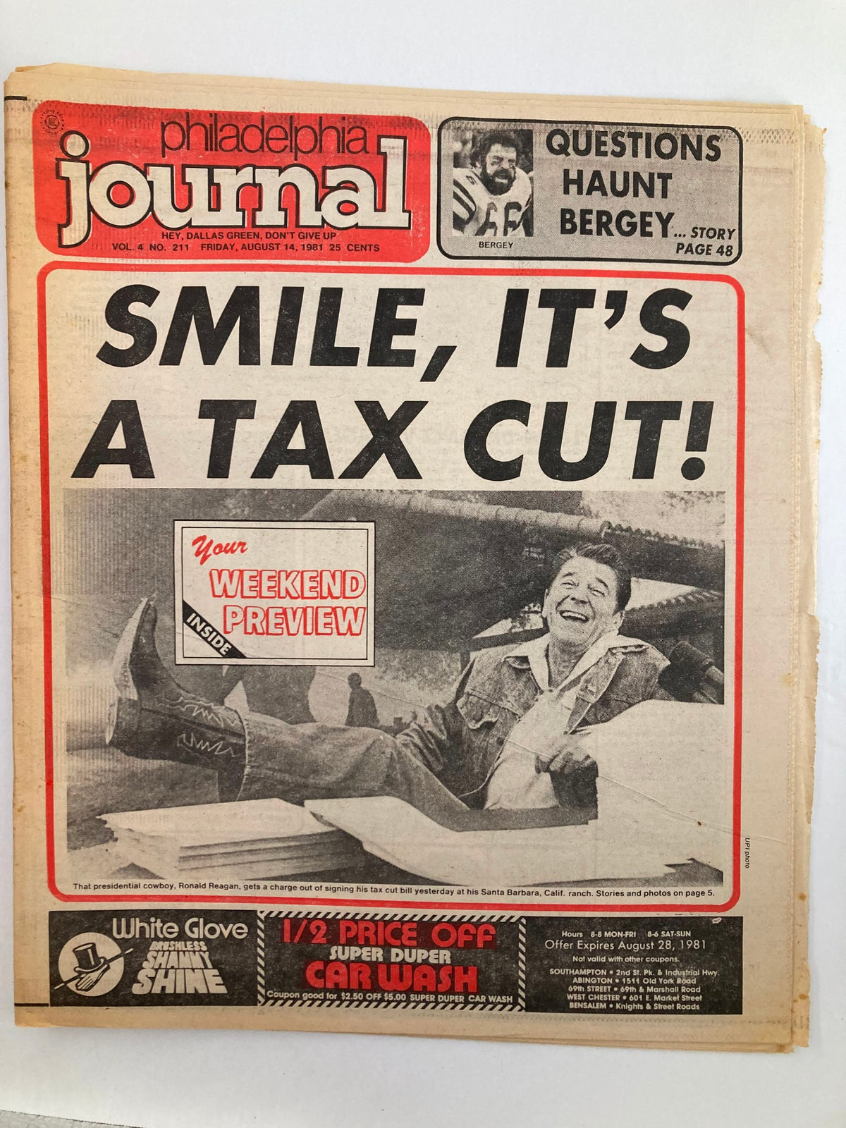 Front page of Philadelphia Journal Tabloid dated August 14, 1981, featuring a smiling Ronald Reagan with caption 'SMILE, IT'S A TAX CUT!'. Includes the headline 'Your Weekend Preview' and a promotional section.