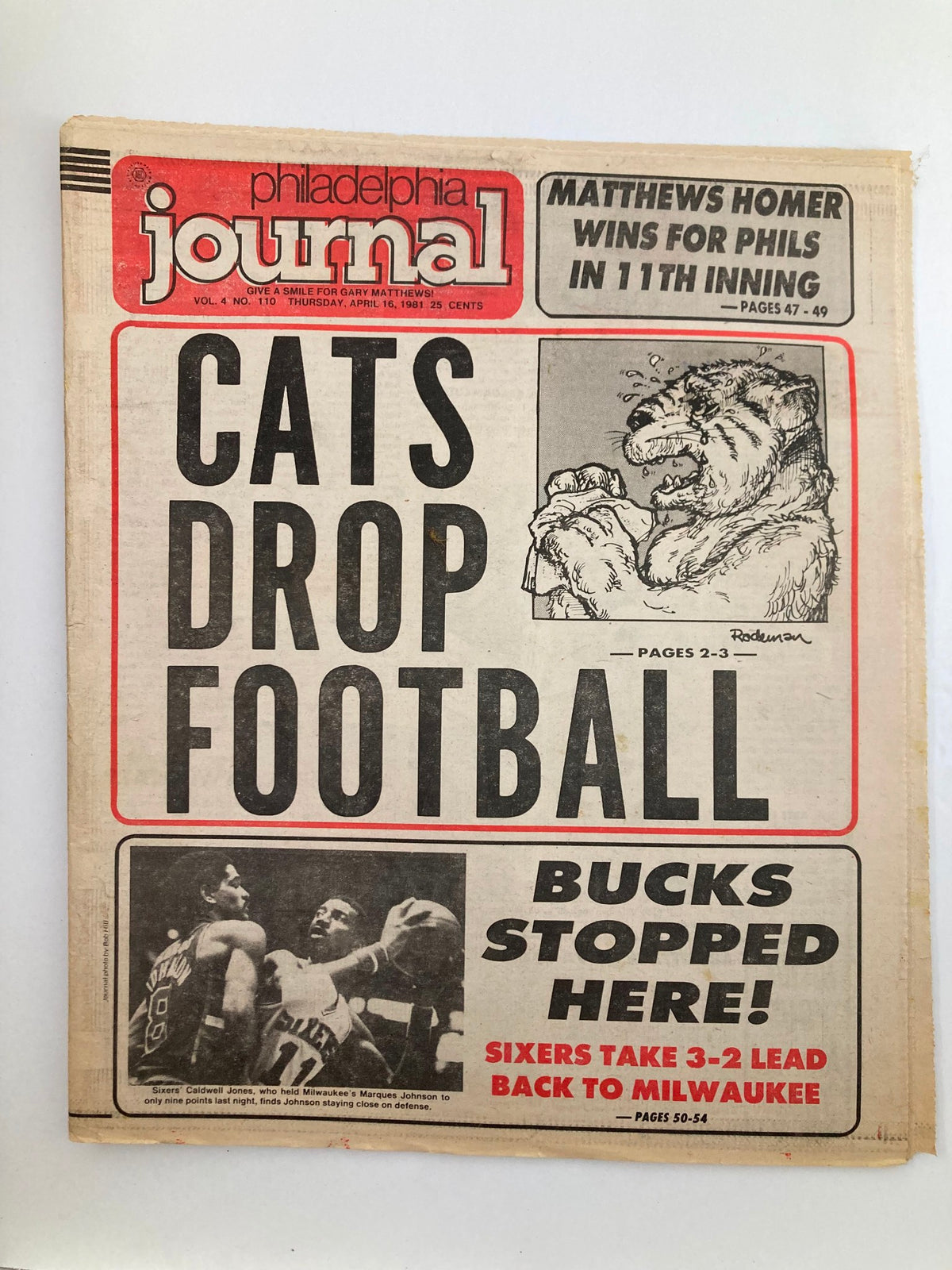 Philadelphia Journal Tabloid April 16 1981 Vol 4 #110 features headline 'Cats Drop Football' with a cartoon illustration and mentions NBA sixers' Caldwell Jones, detailing a sports update.
