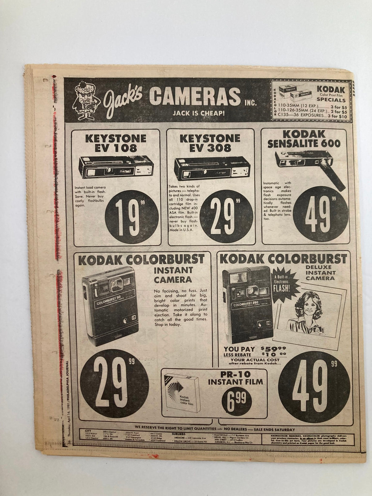 Back cover of Philadelphia Journal Tabloid April 16 1981 Vol 4 #110 showing an advertisement for Jack's Cameras featuring Kodak products, highlighting camera prices and offers.