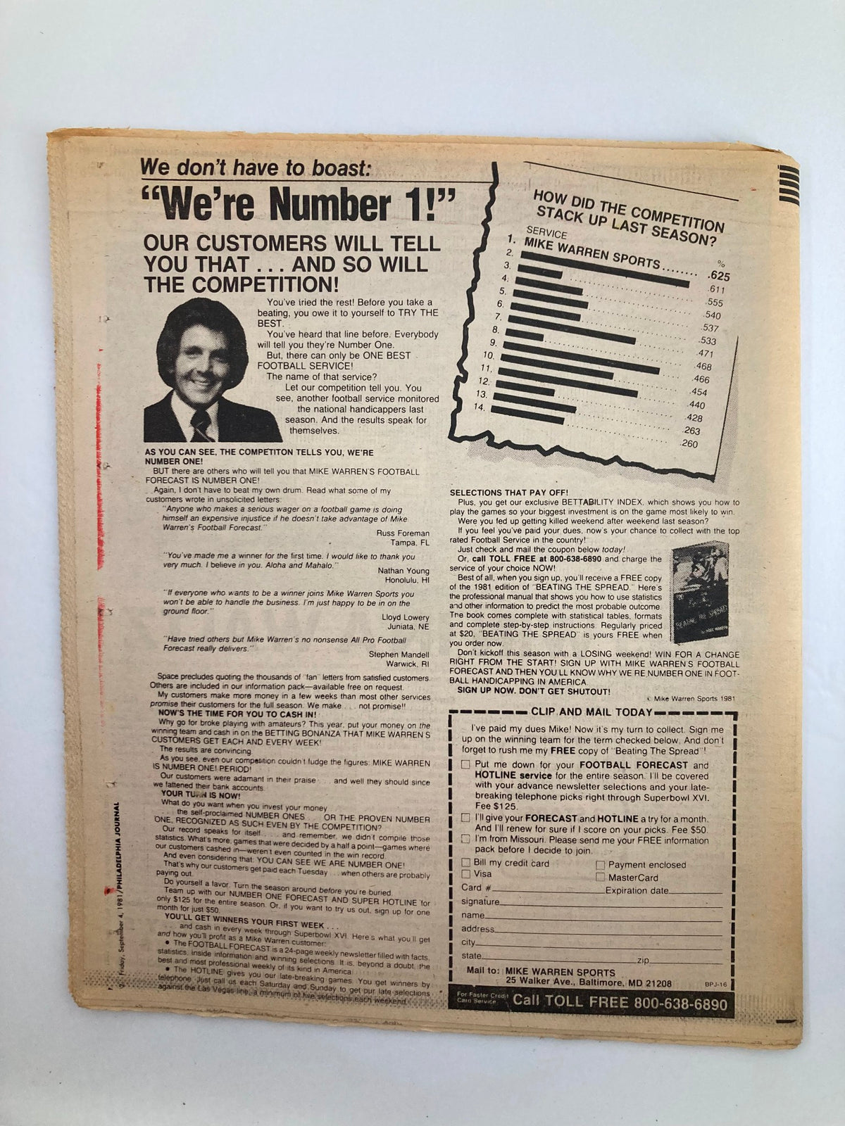 Philadelphia Journal Tabloid September 4 1981 Vol 4 #229 back cover highlighting an advertisement for a local business and emphasizing their customer satisfaction.