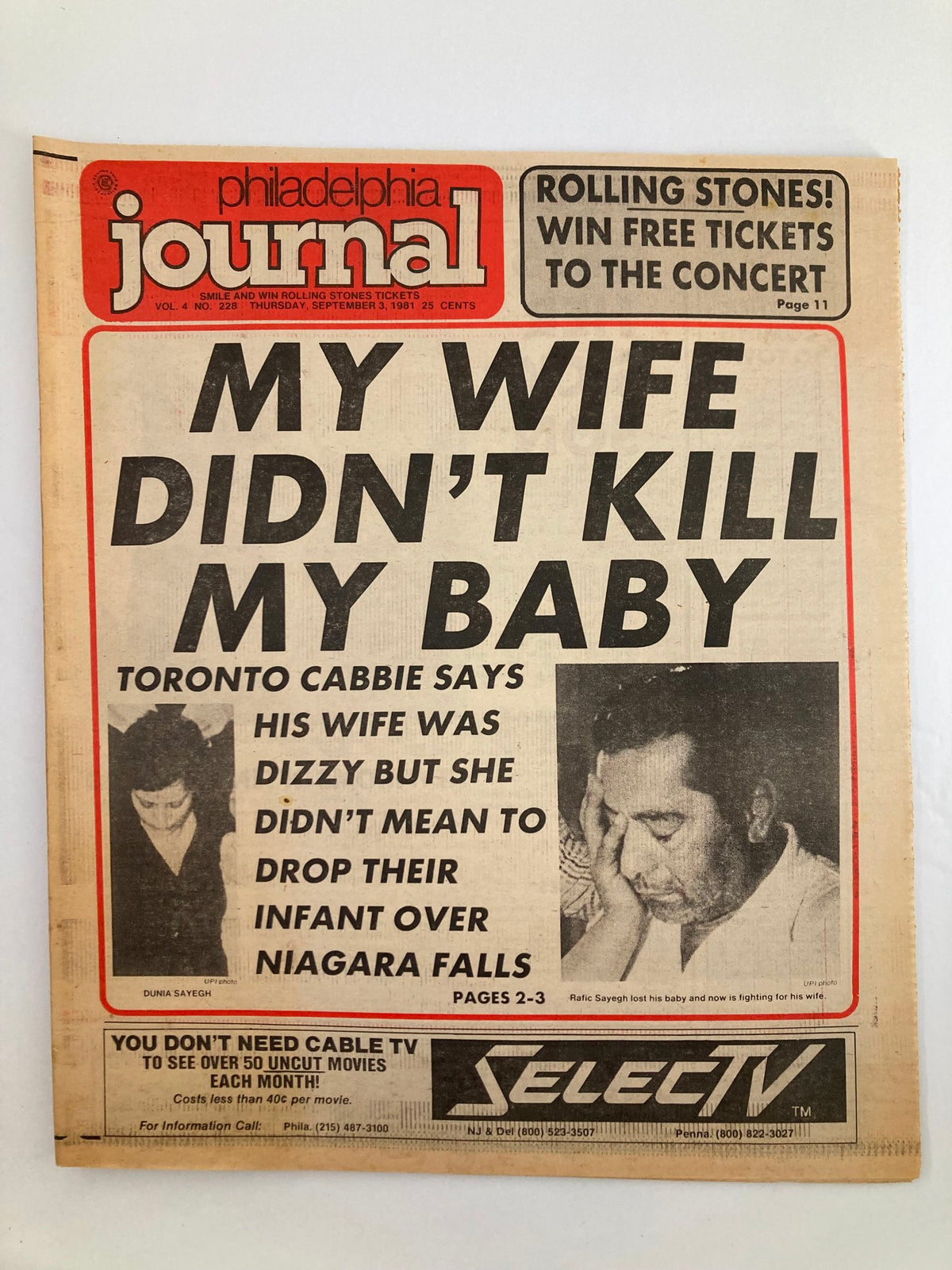 Front cover of the Philadelphia Journal Tabloid dated September 3, 1981, featuring the headline 'MY WIFE DIDN'T KILL MY BABY' along with an illustration and details about Dunia and Rafic Sayegh.