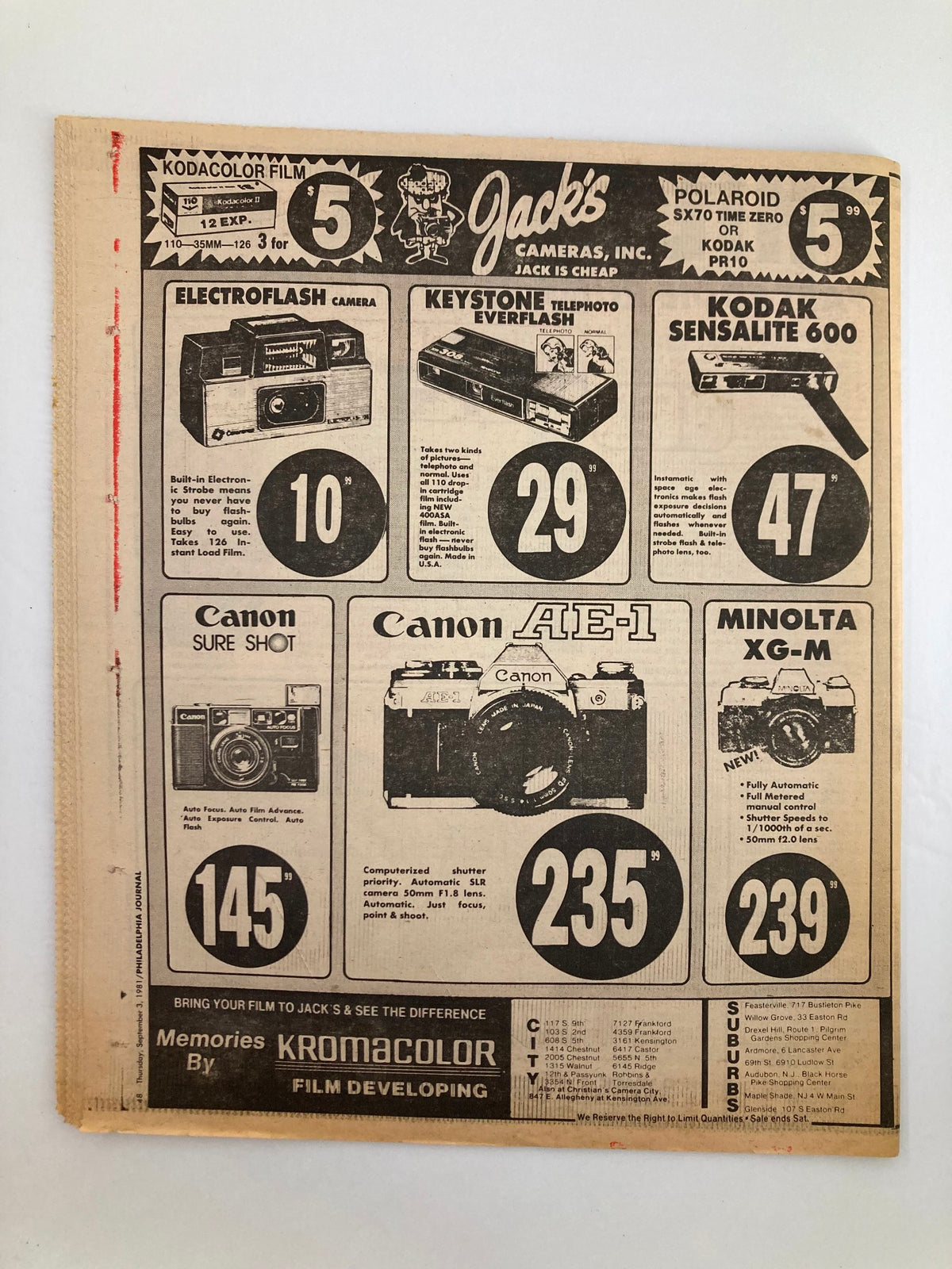 Back cover advertisement of the Philadelphia Journal Tabloid from September 3, 1981, showcasing various cameras and film products available at Jack's Cameras.