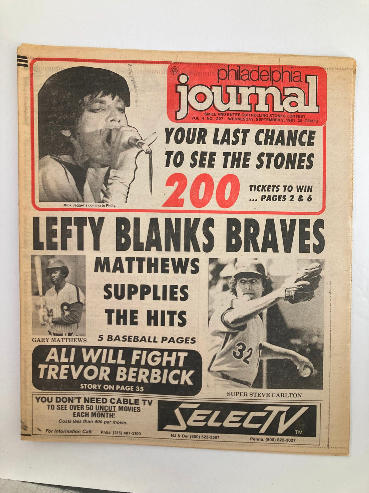 Philadelphia Journal Tabloid September 2 1981 featuring MLB stars Gary Matthews and Steve Carlton, with main headlines about the game, including a photo of a player and details about the match against the Braves.