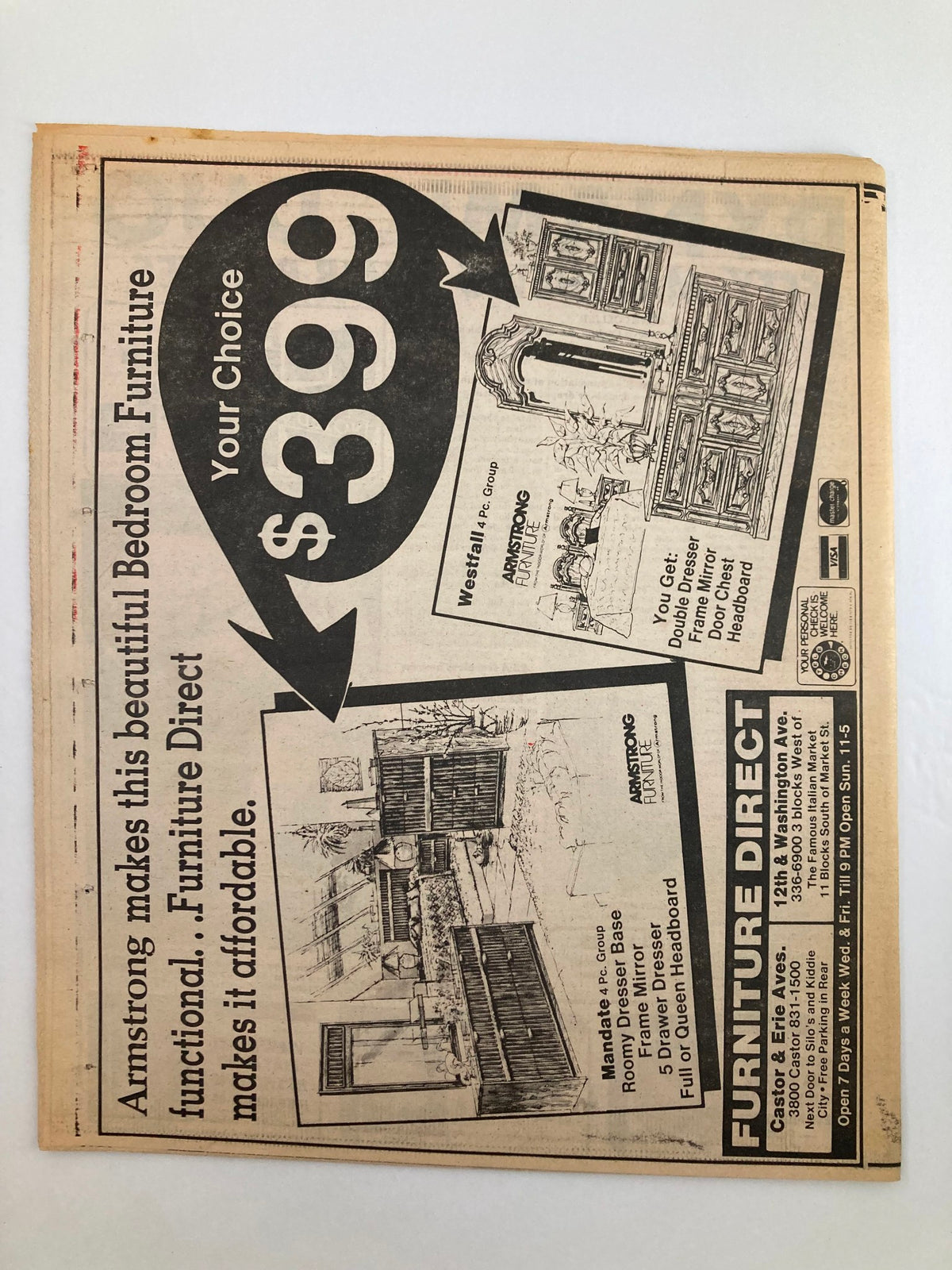 Back cover of Philadelphia Journal Tabloid September 2 1981, showcasing an advertisement for Armstrong Furniture with a price of $399, promoting bedroom furniture options.